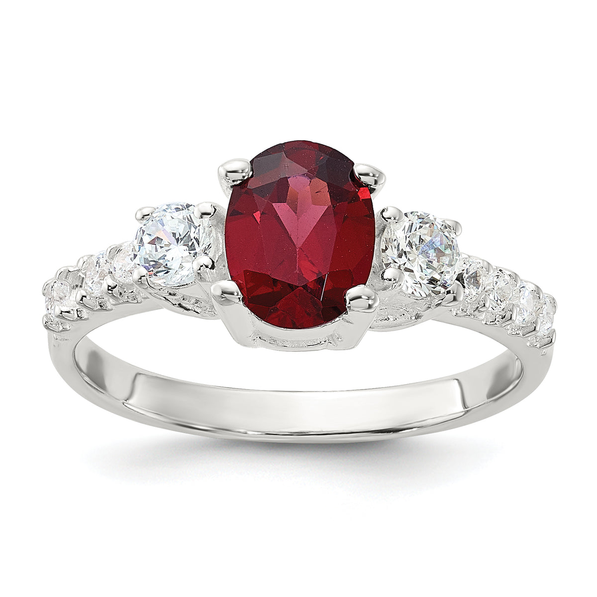 Sterling Silver Polished Garnet and CZ Ring