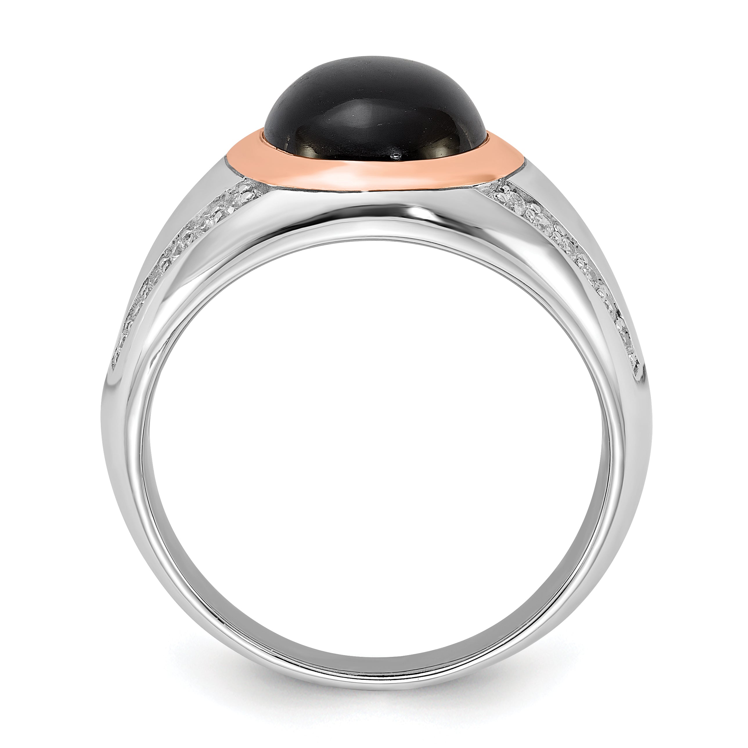 Sterling Silver RH-plated Rose Gold-plated Onyx and CZ Ring