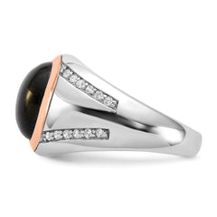 Sterling Silver RH-plated Rose Gold-plated Onyx and CZ Ring