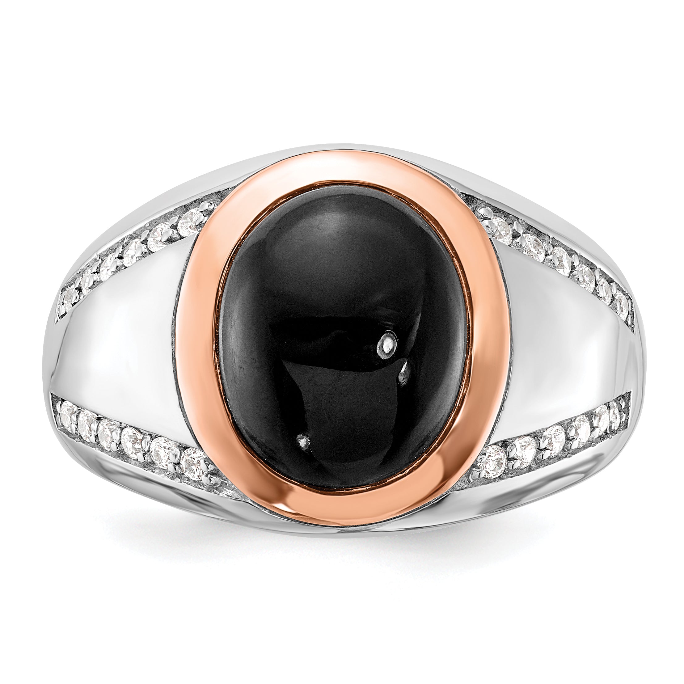 Sterling Silver RH-plated Rose Gold-plated Onyx and CZ Ring