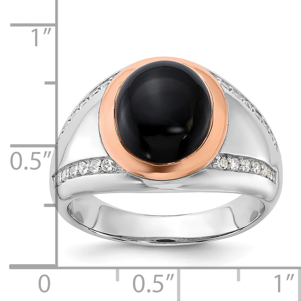 Sterling Silver RH-plated Rose Gold-plated Onyx and CZ Ring