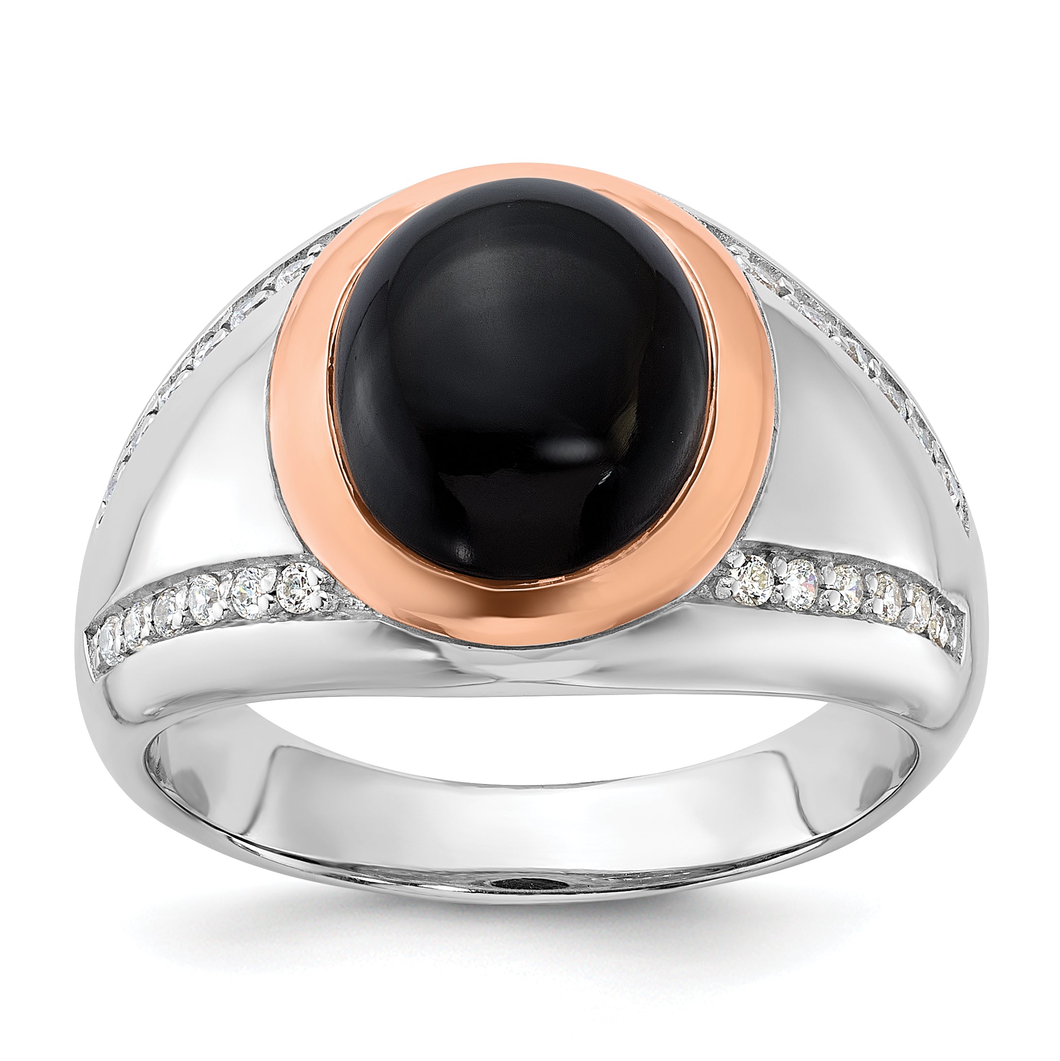 Sterling Silver RH-plated Rose Gold-plated Onyx and CZ Ring