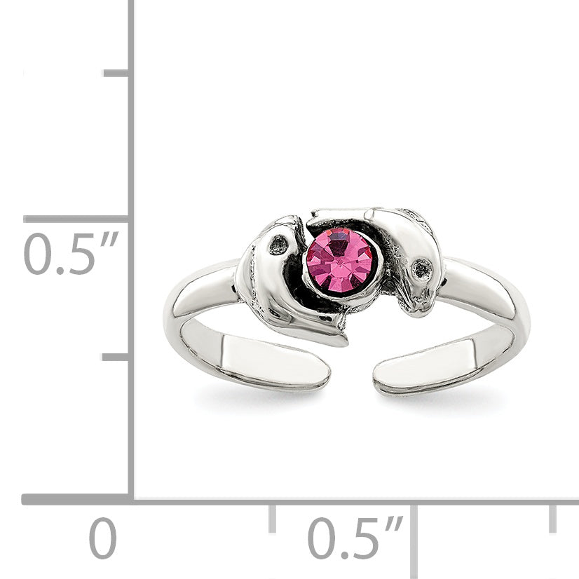 Sterling Silver Antiqued Pink CZ Dolphin Toe Ring