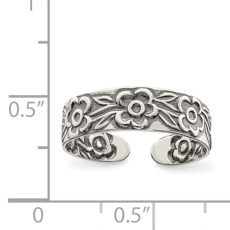 Sterling Silver Antiqued Flowers Toe Ring