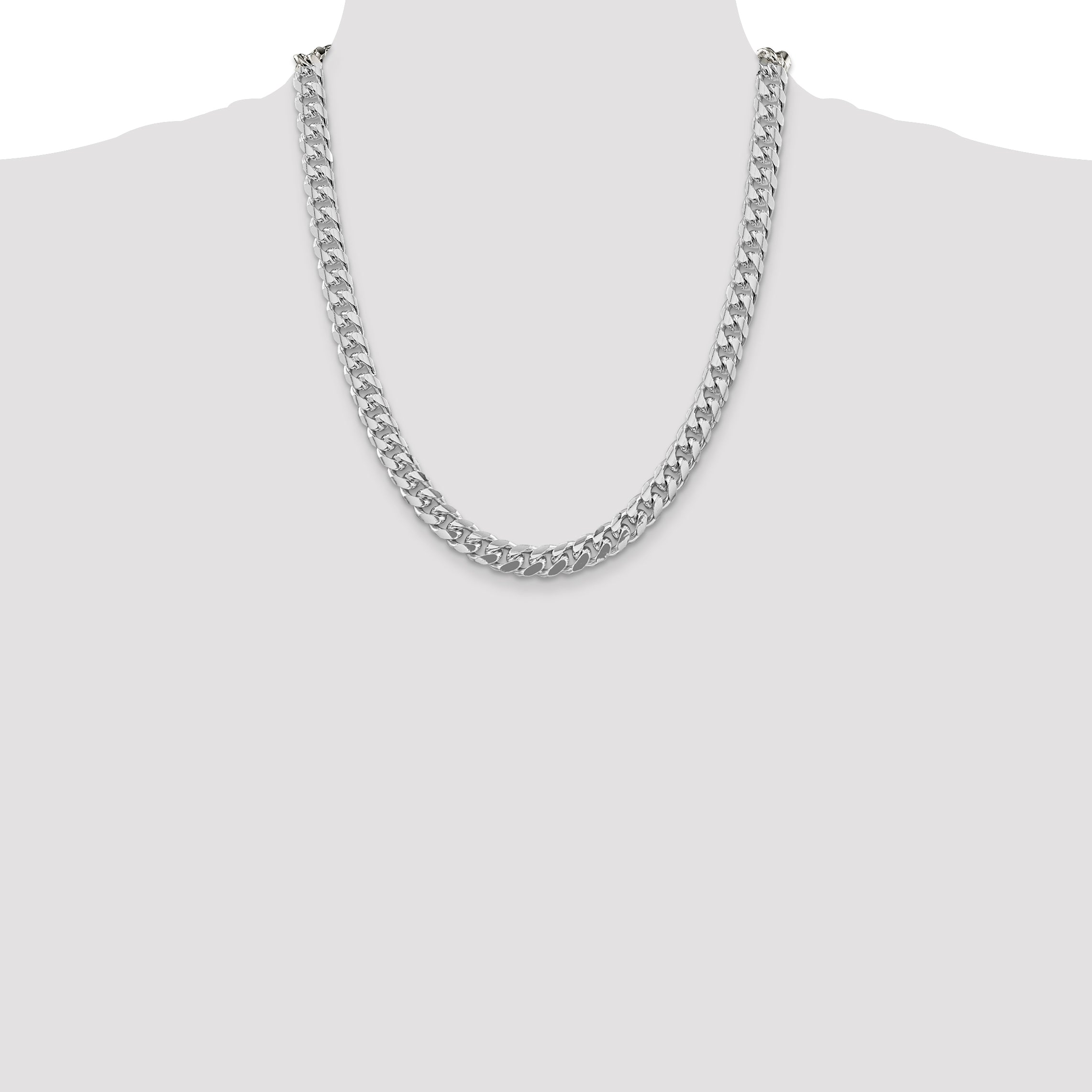 Sterling Silver Rhodium-plated 8.5mm Domed w/ Side D/C Curb Chain