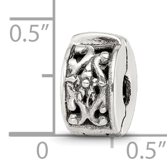 Sterling Silver 925 Antiqued Floral Clip Bead with Hinged Gripper Design