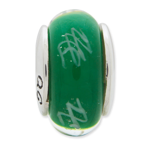 Sterling Silver Hand-Blown Glass Bead with Green/White Scribble Design