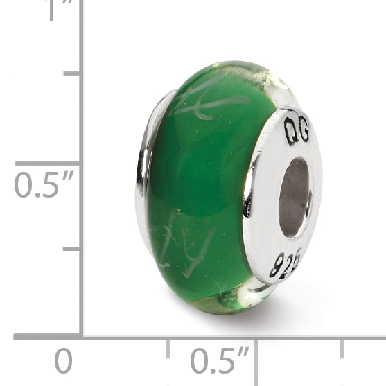 Sterling Silver Hand-Blown Glass Bead with Green/White Scribble Design