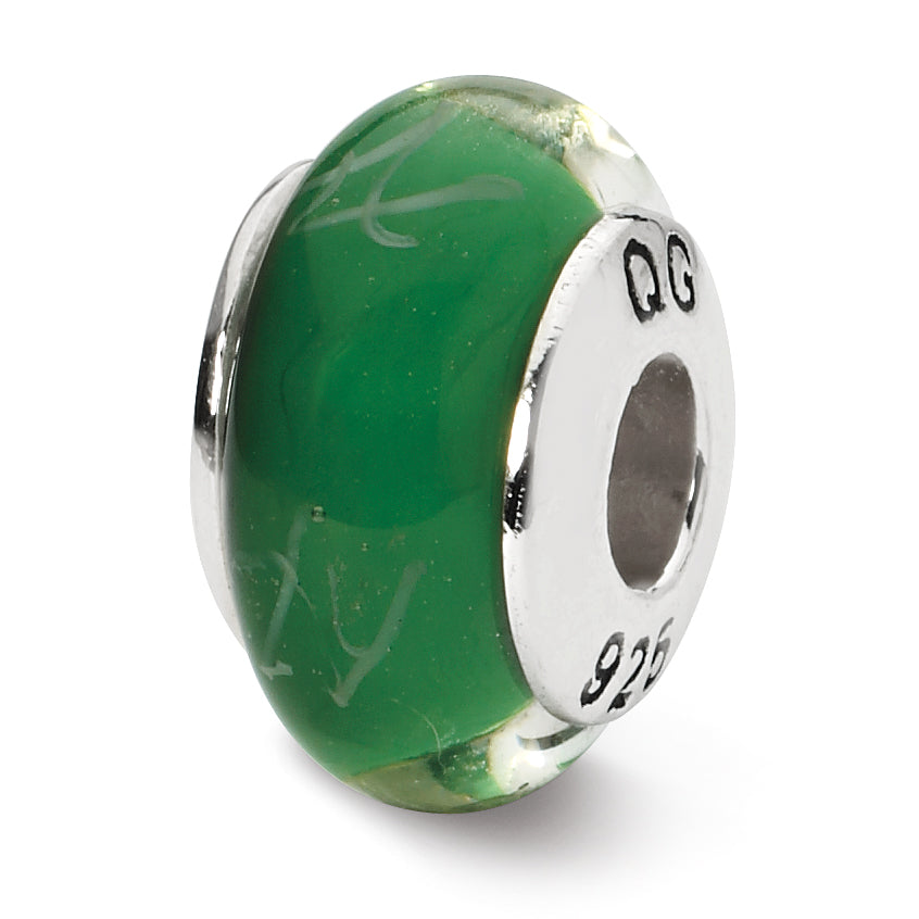 Sterling Silver Reflections Green/White Scribbles Hand-blown Glass Bead