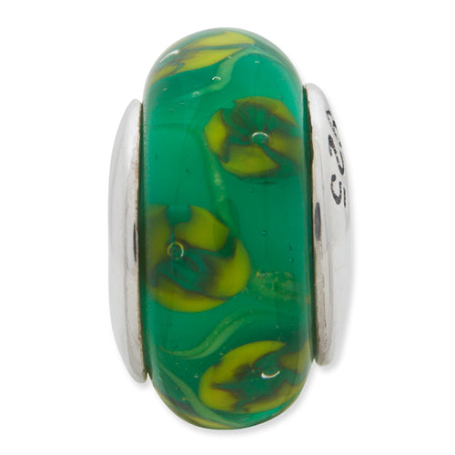 Sterling Silver Hand-Blown Green Glass Bead with Antiqued Finish