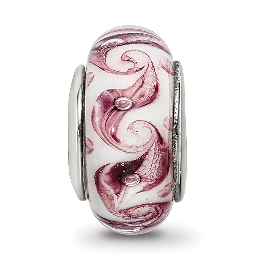 Sterling Silver 925 Hand-Blown Glass Bead with White Mauve Swirl Design