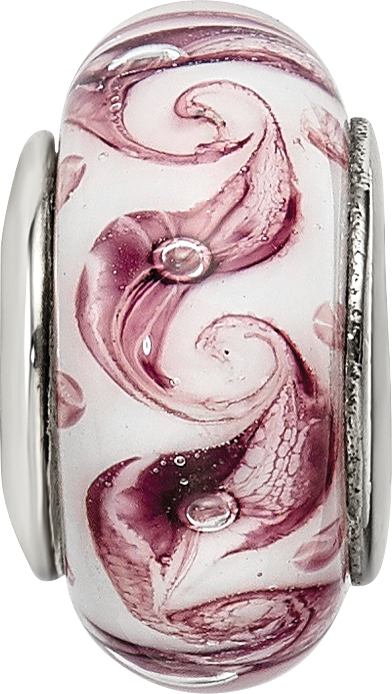 Sterling Silver 925 Hand-Blown Glass Bead with White Mauve Swirl Design