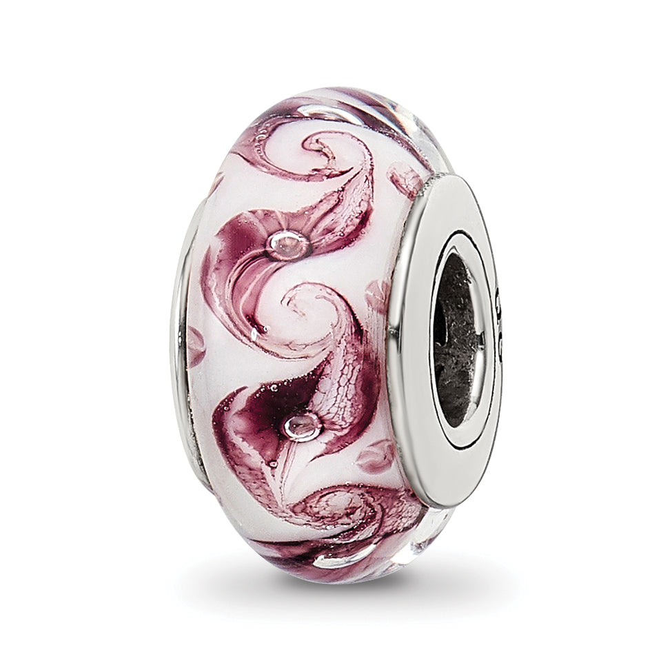 Sterling Silver Reflections White/Mauve Swirl Hand-blown Glass Bead