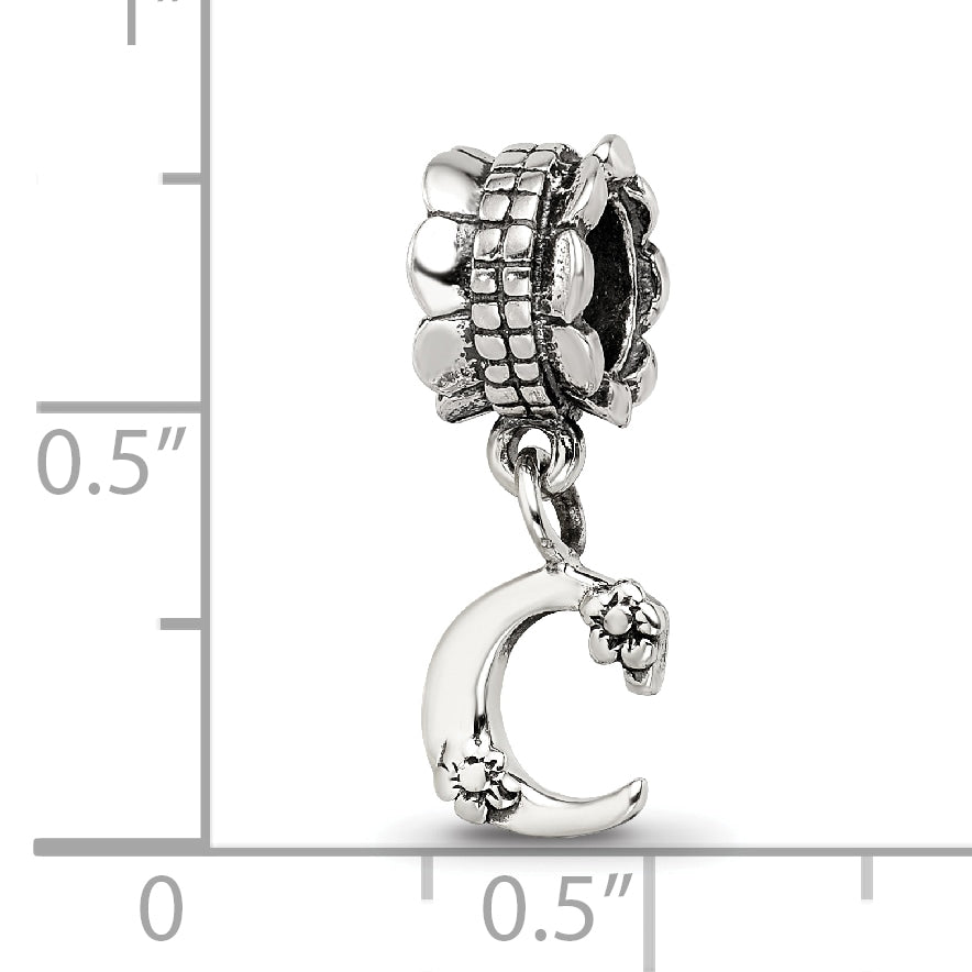 Sterling Silver 925 Letter C Dangle Bead with Antiqued Finish, Solid and Cast