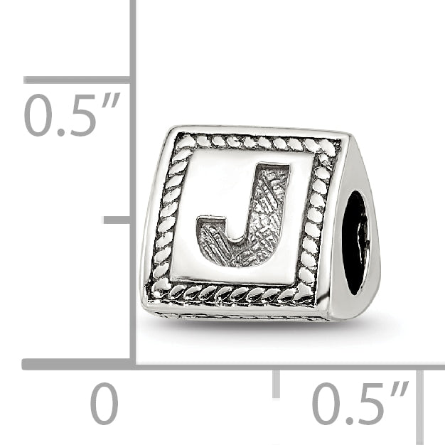 Sterling Silver 925 Antiqued Letter J Block Bead Solid Cast Design