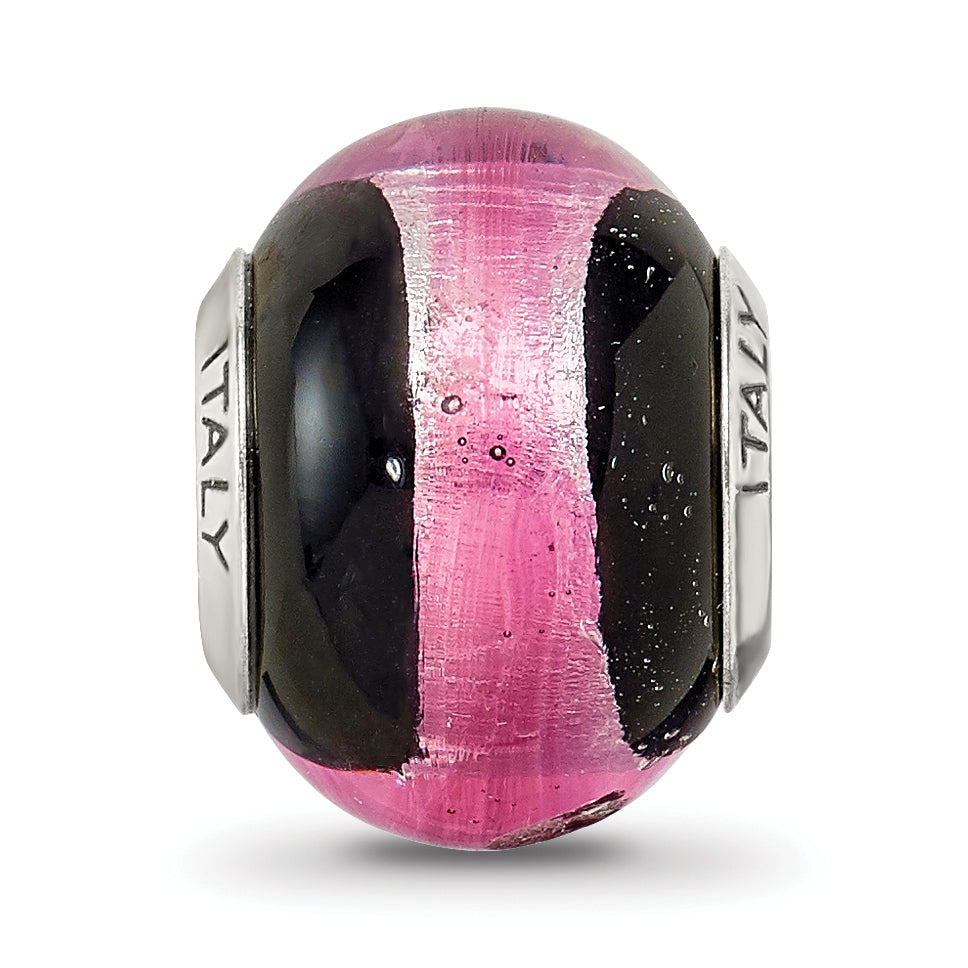 Sterling Silver Murano Glass Bead with Pink/Black Design Antique Finish