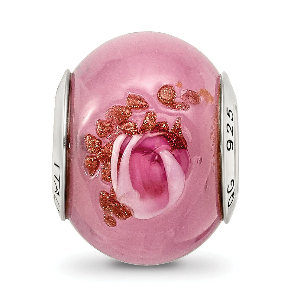 Sterling Silver Murano Glass Bead with Antiqued Finish, Pink/Red/Brown