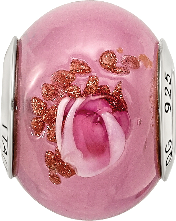 Sterling Silver Murano Glass Bead with Antiqued Finish, Pink/Red/Brown