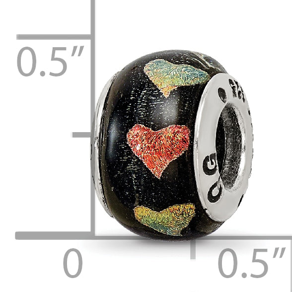 Sterling Silver Dichroic Glass Bead with Orange/Green Hearts Polished Finish Elegant Handmade