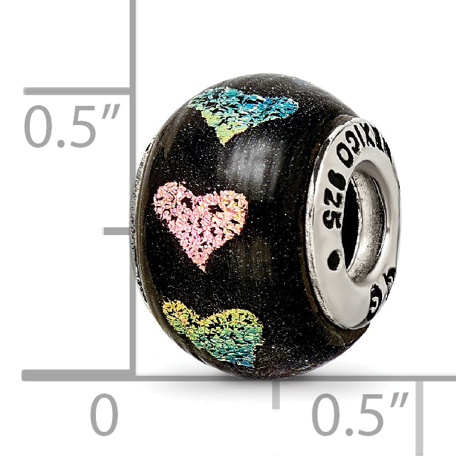 Sterling Silver 925 Dichroic Glass Bead with Pink/Purple Hearts Elegant & Polished Charm