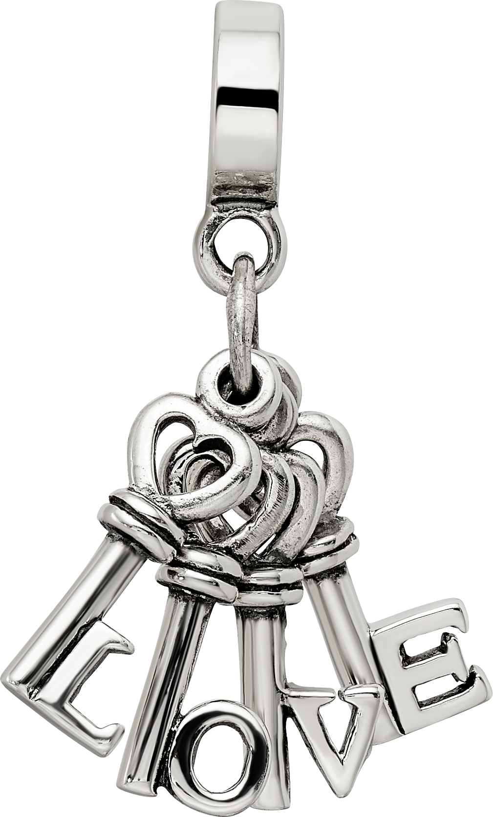 Sterling Silver 925 Dangle Bead with Antiqued Love Keys Design