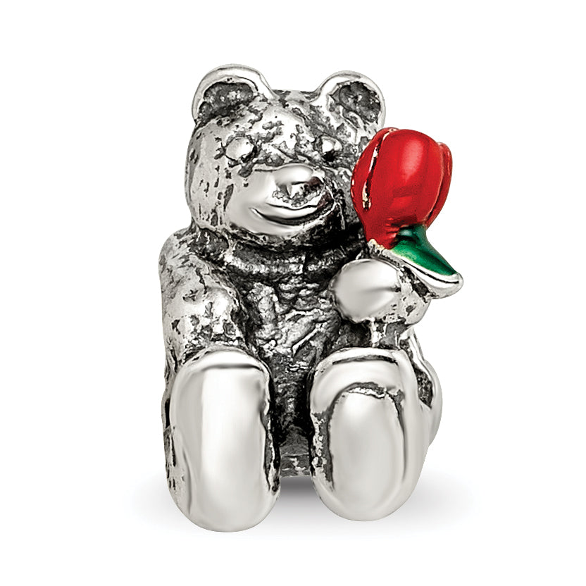 Sterling Silver 925 Kids Bear Bead with Enameled Flower  Antiqued Finish