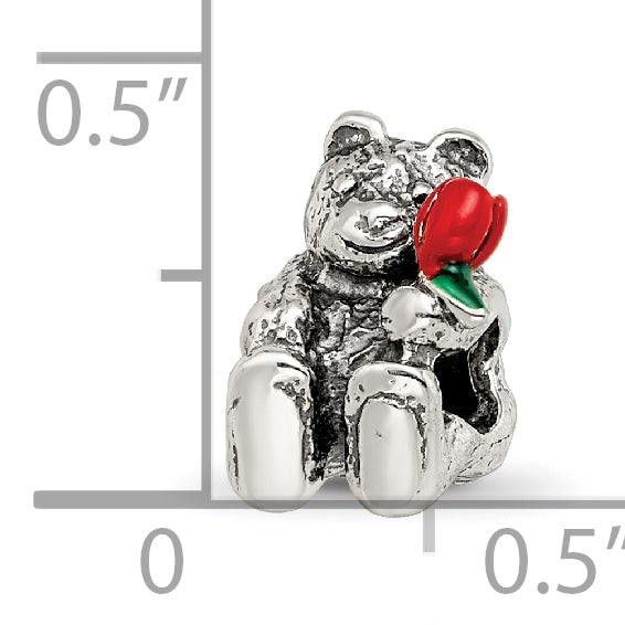 Sterling Silver 925 Kids Bear Bead with Enameled Flower  Antiqued Finish