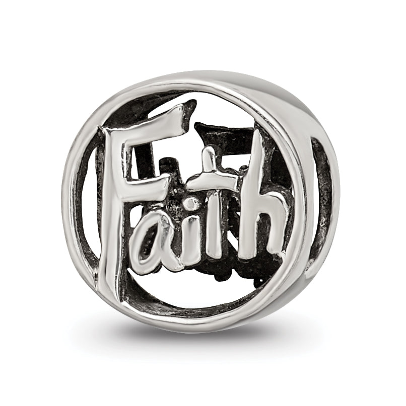 Sterling Silver 925 Faith Bead with Antiqued Finish Elegant Solid Design