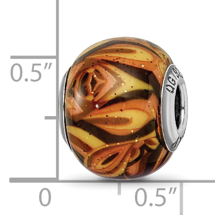 Sterling Silver 925 Polished Glass Bead with Italian Orange Design