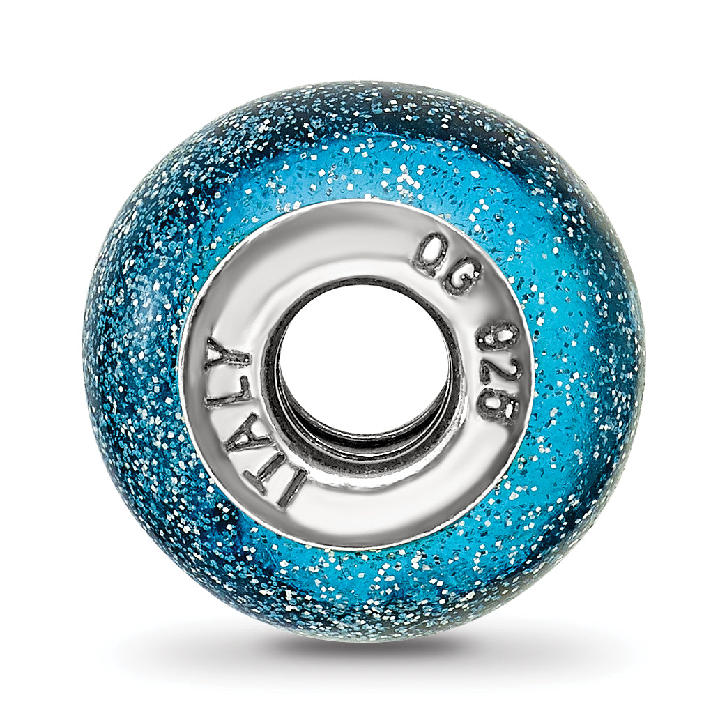 Sterling Silver 925 Light Blue Glass Bead with Silver Glitter, Polished Finish