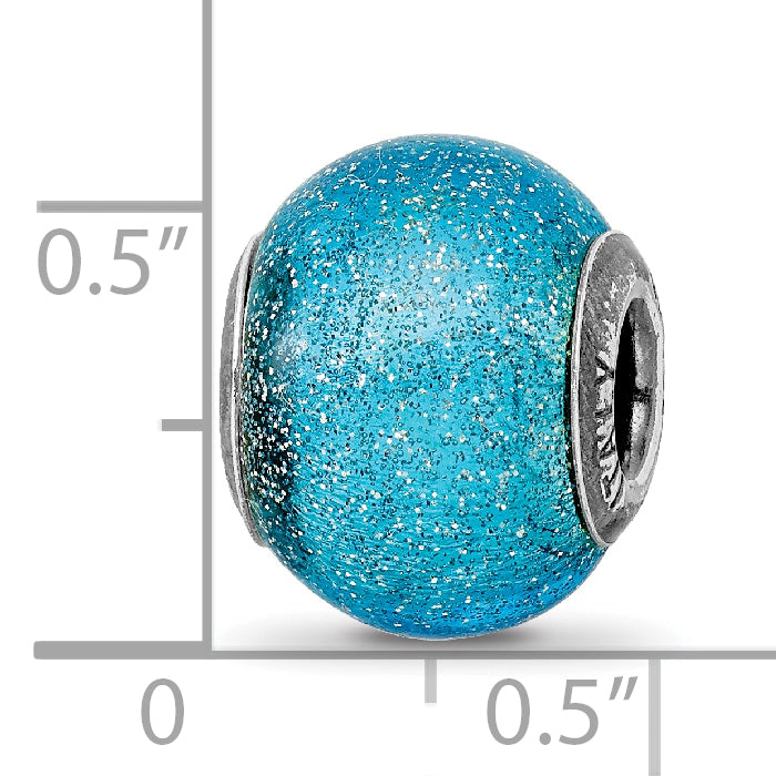 Sterling Silver 925 Light Blue Glass Bead with Silver Glitter, Polished Finish