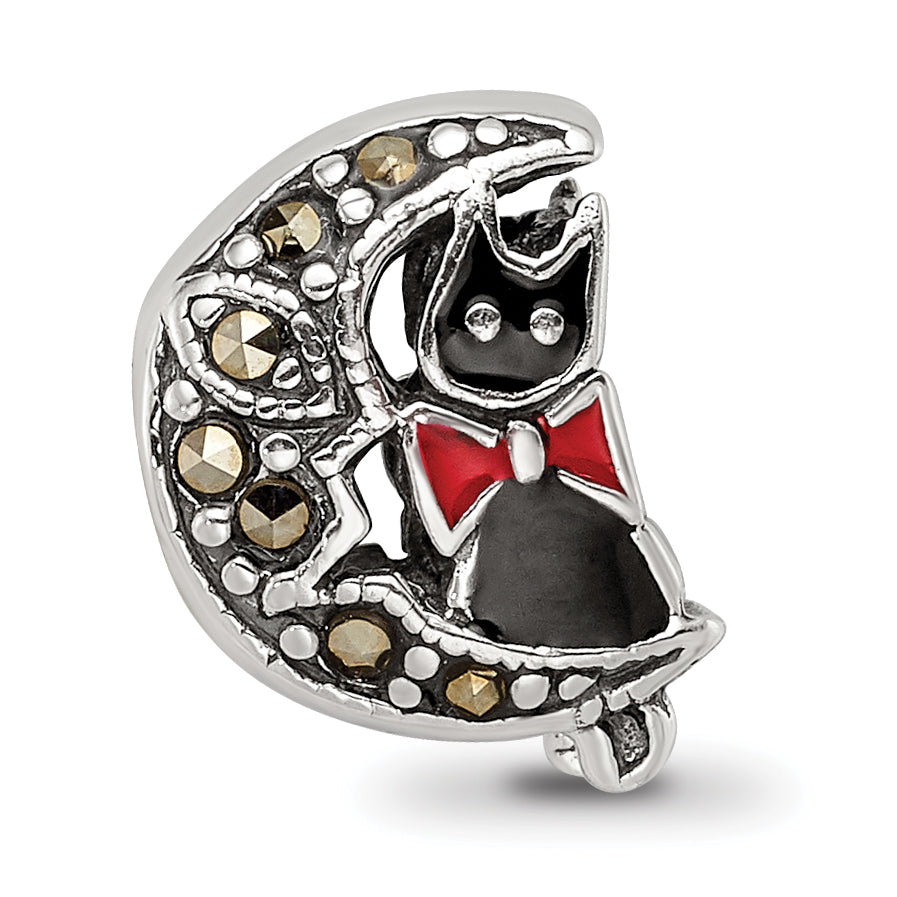 Sterling Silver 925 Marcasite & Enameled Cat and Moon Bead Vintage-Themed Charm