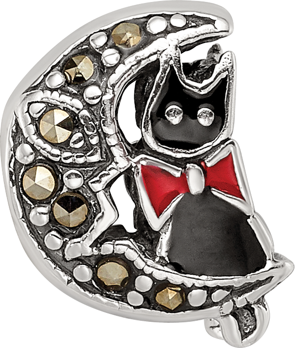 Sterling Silver 925 Marcasite & Enameled Cat and Moon Bead Vintage-Themed Charm