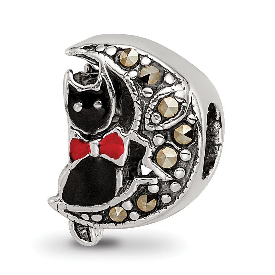 Sterling Silver 925 Marcasite & Enameled Cat and Moon Bead Vintage-Themed Charm