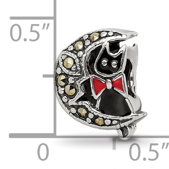 Sterling Silver Reflections Marcasite & Enameled Cat & Moon Bead