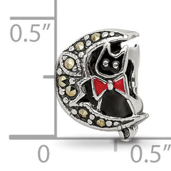 Sterling Silver 925 Marcasite & Enameled Cat and Moon Bead Vintage-Themed Charm