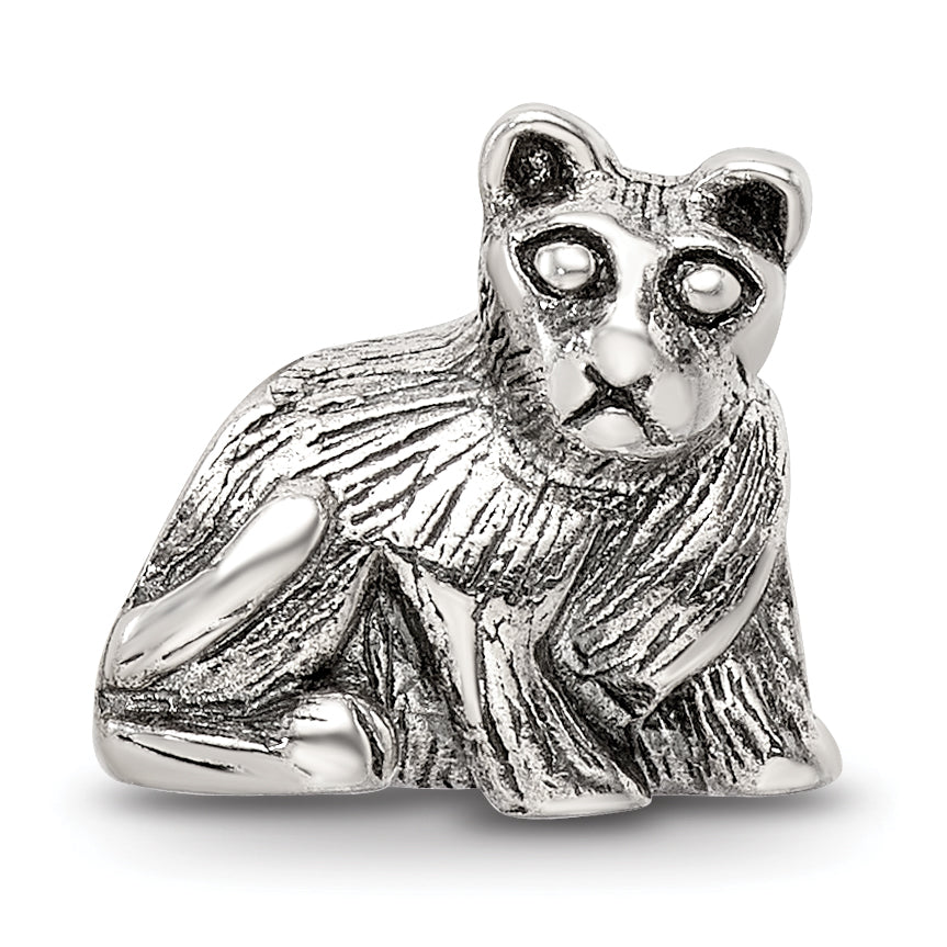 Sterling Silver 925 Cat Bead with Antiqued Finish Solid Charm