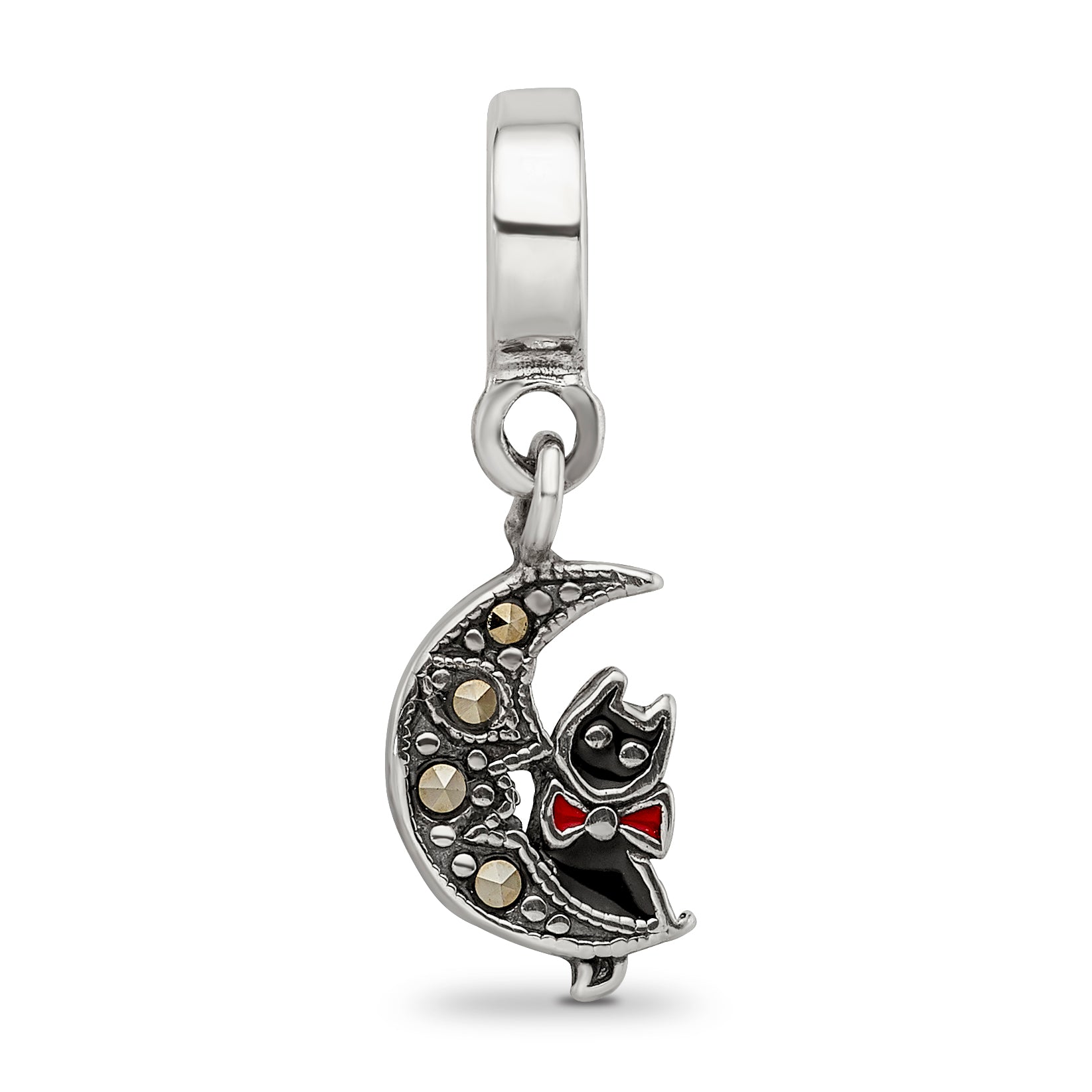 Sterling Silver Reflections Marcasite Cat & Moon Dangle Bead