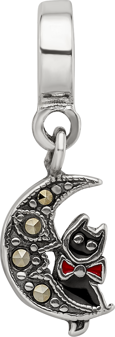 Sterling Silver Reflections Marcasite Cat & Moon Dangle Bead