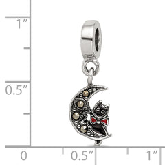 Sterling Silver 925 Marcasite Cat & Moon Dangle Bead Vintage-Inspired Charm