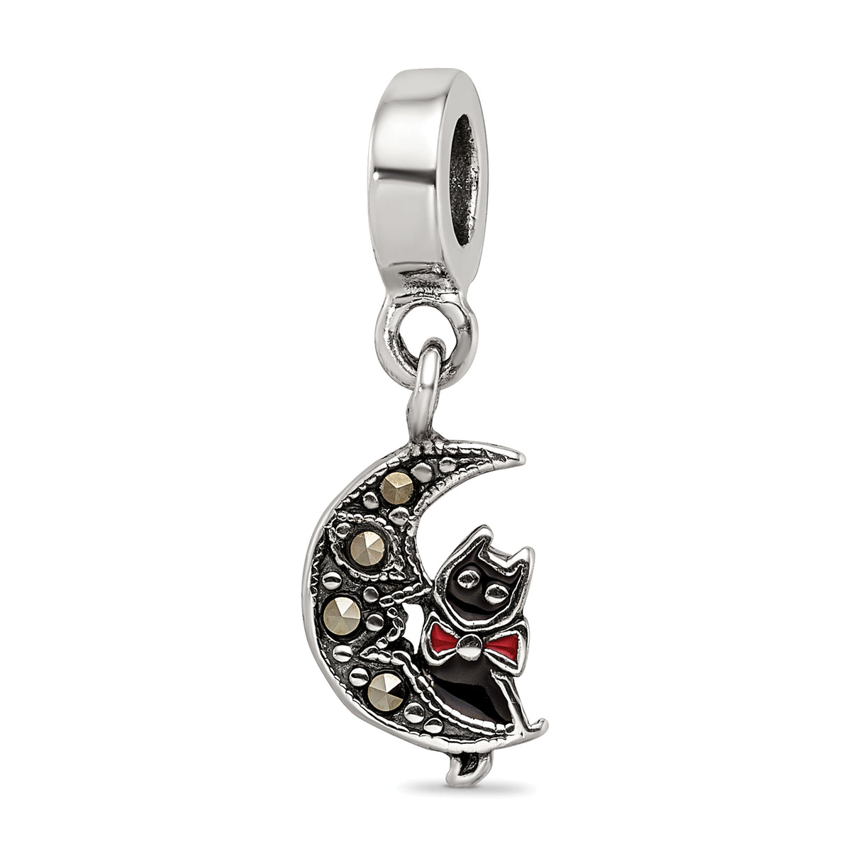 Sterling Silver Reflections Marcasite Cat & Moon Dangle Bead