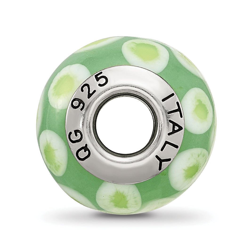 Sterling Silver 925 Murano Glass Bead with Green/White Design Elegant Charm