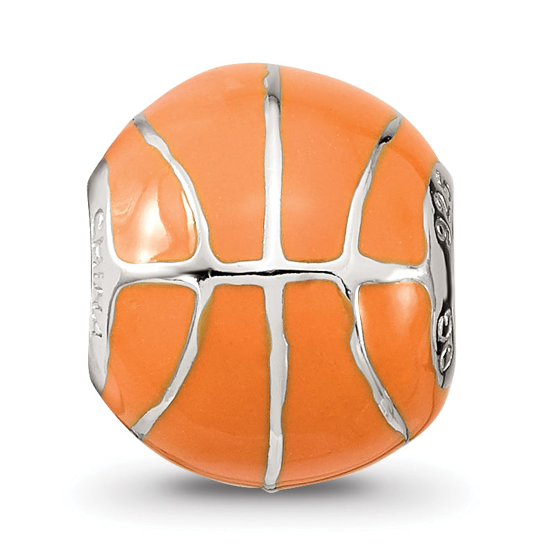 Sterling Silver Reflections Rhodium-plated Orange Enamel Basketball Bead