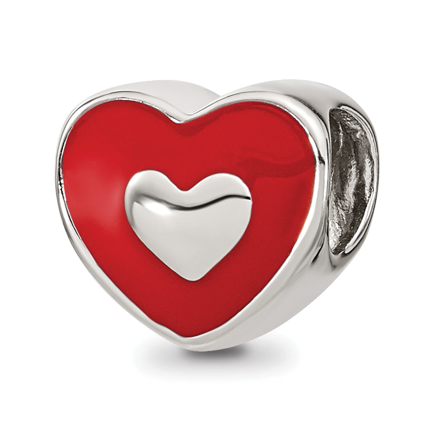 Sterling Silver Reflections Rh-plated Red Enamel LOVE & Heart Bead