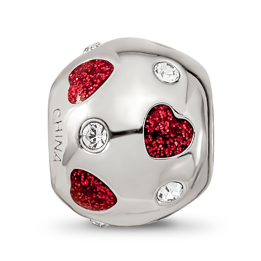 Sterling Silver Reflections Red Enameled Crystal Hearts Bead