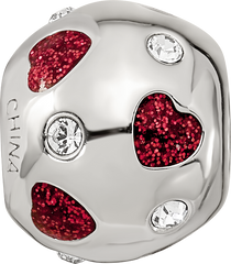 Sterling Silver Reflections Red Enameled Crystal Hearts Bead