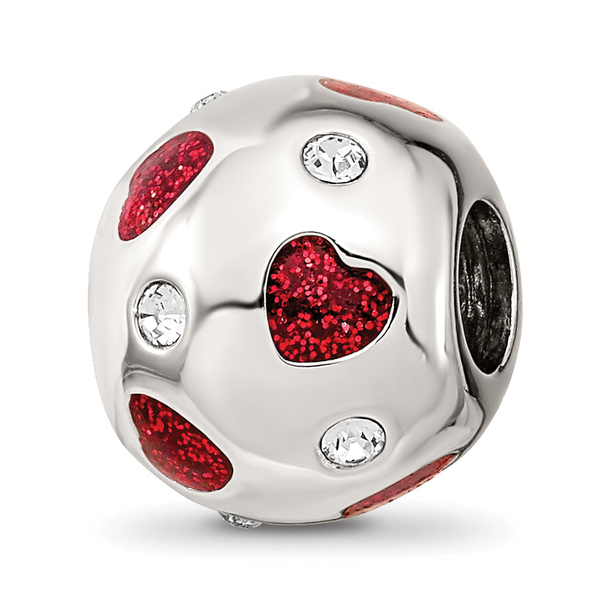 Sterling Silver Reflections Red Enameled Crystal Hearts Bead