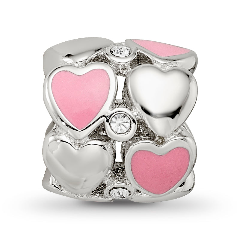 Sterling Silver Reflections Pink Enamel Crystal Hearts Bead