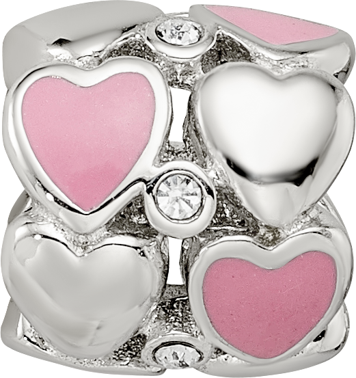 Sterling Silver Reflections Pink Enamel Crystal Hearts Bead