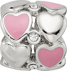 Sterling Silver Reflections Pink Enamel Crystal Hearts Bead